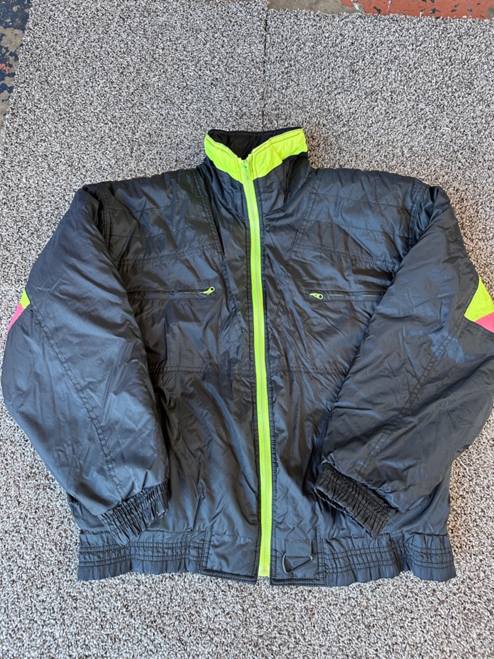 Vintage Womens Black Jacket with Neon Green Trim - Lightweight Puffer
